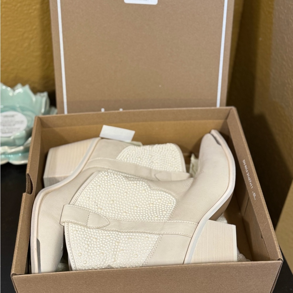 Size 9.5 Cream Embellished Ankle Boots - Women's